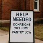 A sandwich board sign outside a brick church reads “Help Needed – Donations Welcome – Pantry Low,” signaling urgent food pantry shortages and a call for community support.
