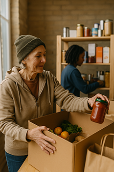 Volunteer helping to support community food programs by organizing pantry shelves