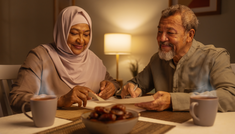 Fidya calculator: an older Muslim couple at the dining table going over household papers with dates and tea