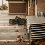 Empty church parking lot with stacked folding tables after a Centerton food pantry closed