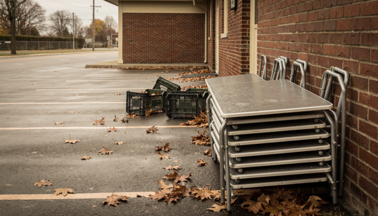 Empty church parking lot with stacked folding tables after a Centerton food pantry closed