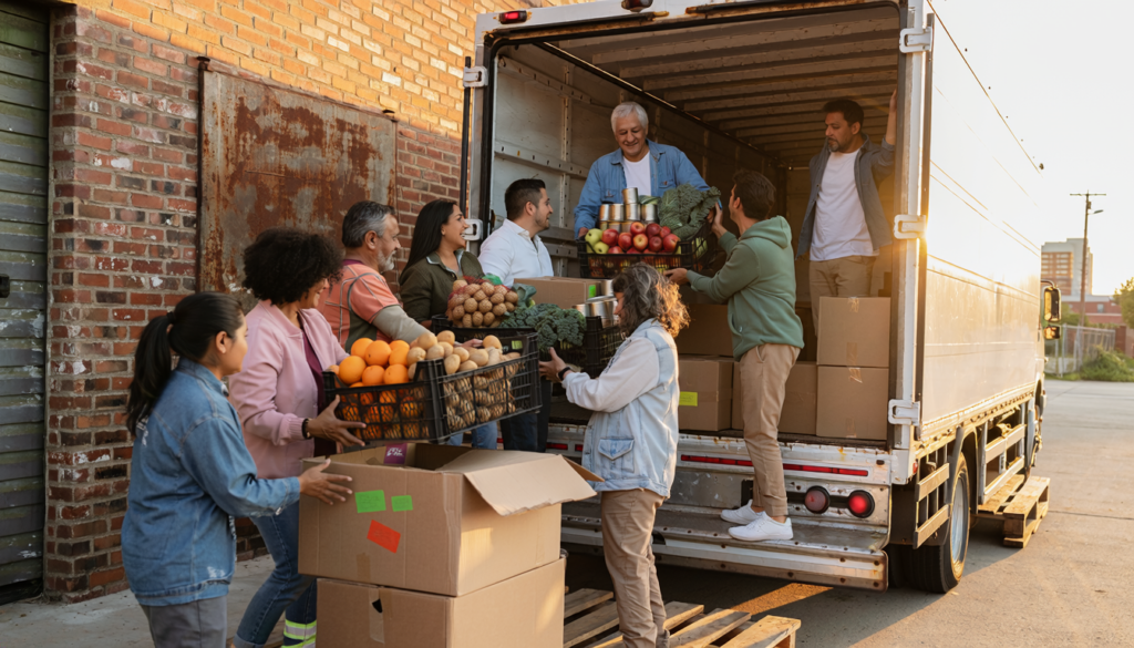 Volunteers loading groceries onto a truck during a community food drive at a Kansas City loading dock