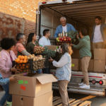Volunteers loading groceries onto a truck during a community food drive at a Kansas City loading dock