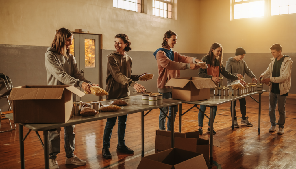 Students sorting canned goods into boxes for local food pantries in a Midwest school gym