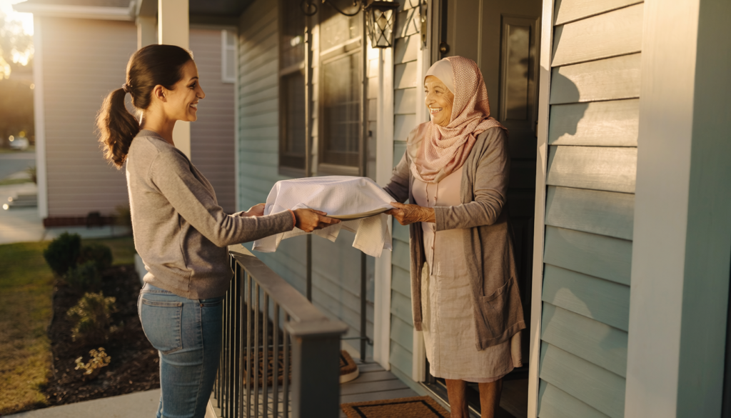 What is fidya: an elderly Muslim woman in a headscarf handing a covered plate of food to a neighbor at her front door