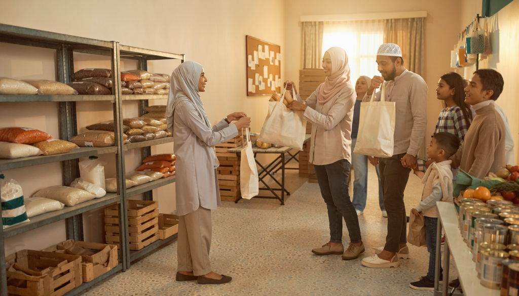 Who can receive fidya: volunteers in hijab and kufi handing grocery bags to families at a mosque food pantry