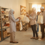 Who can receive fidya: volunteers in hijab and kufi handing grocery bags to families at a mosque food pantry